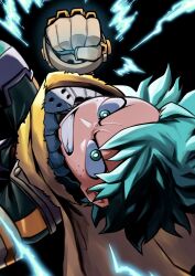 Rule 34 | 1boy, absurdres, aqua eyes, aqua hair, black background, blue gloves, blurry, bodysuit, boku no hero academia, bright pupils, cape, clenched hand, clenched teeth, close-up, commentary, electricity, floating cape, floating hair, freckles, furrowed brow, gloves, glowing, green bodysuit, grey gloves, hand up, highres, hiro illust11, horikoshi kouhei (style), incoming attack, incoming punch, looking at viewer, male focus, midair, midoriya izuku, official alternate costume, official style, punching, serious, short hair, sideways, simple background, solo, spoilers, teeth, upper body, v-shaped eyebrows, yellow cape