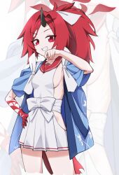 Rule 34 | 1girl, blue archive, halo, horns, jacket, looking at viewer, ponytail, projectorzero, red eyes, red hair, red halo, renge (blue archive), school uniform, serafuku, shirt, sleeveless, sleeveless shirt, solo, white background