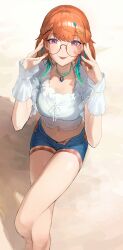 Rule 34 | 1girl, :p, absurdres, adjusting eyewear, bespectacled, blue shorts, breasts, choker, crossed legs, feathers, glasses, green choker, green feathers, hair ornament, hairclip, hands up, highres, hololive, hololive english, kiokoii, looking at viewer, medium breasts, midriff, multicolored hair, navel, open fly, orange hair, purple eyes, shirt, short shorts, shorts, sitting, solo, stomach, streaked hair, takanashi kiara, takanashi kiara (casual), thighs, tongue, tongue out, virtual youtuber, white shirt