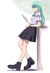 Rule 34 | 1girl, aqua eyes, aqua hair, boots, cellphone, commentary request, from side, full body, highres, holding, holding phone, ishii hisao, kantai collection, long hair, looking at viewer, neck ribbon, phone, platform footwear, profile, ribbon, shirt, short sleeves, sideways glance, skirt, smartphone, solo, suzuya (kancolle), t-shirt, watch, wristwatch