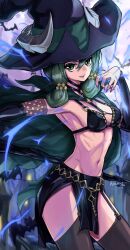 Rule 34 | 1girl, absurdres, bat (animal), black thighhighs, breasts, cleavage, cloak, fake horns, from side, green cloak, green eyes, green hair, hat, highres, horned hat, horns, long hair, looking at viewer, magic, medium breasts, nail polish, navel, o-ring, red nails, ribs, rooru kyaabetsu, side slit, signature, skirt, smile, solo, standing, thick eyelashes, thighhighs, toned, unicorn overlord, witch, witch hat, yahna
