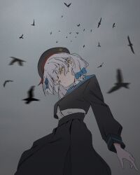 Rule 34 | 1girl, :/, arm at side, bird, black serafuku, blue bow, blue sailor collar, bow, closed mouth, commentary, crow, dot nose, expressionless, foreshortening, from below, gujin (tp acid), hair bow, highres, kudou chitose, long bangs, long sleeves, looking at viewer, medium hair, motion blur, nijisanji, outdoors, overcast, pleated skirt, sailor collar, school uniform, serafuku, sidelocks, simple bird, skirt, sky, sleeve cuffs, solo, symbol-only commentary, virtual youtuber, white hair, yellow eyes