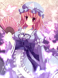 Rule 34 | 1girl, absurdres, bad id, bad pixiv id, breasts, bug, butterfly, dress, female focus, folding fan, ghost, gradient background, hand fan, hat, highres, insect, japanese clothes, medium breasts, obi, pink eyes, pink hair, ringonotane, saigyouji yuyuko, sash, short hair, smile, solo, touhou, triangular headpiece