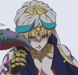 Rule 34 | 1boy, blonde hair, blue jacket, circlet, commentary request, fate/grand order, fate (series), frown, gauntlets, gilgamesh, gilgamesh (caster) (fate), gilgamesh (fate), grey background, hair between eyes, horns, jacket, looking at viewer, male focus, mi (pic52pic), open clothes, open jacket, parted lips, red eyes, simple background, sleeveless, sleeveless jacket, solo, tattoo, tentacles, turban, upper body