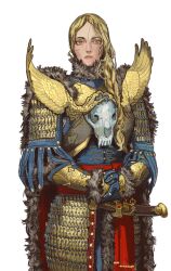 Rule 34 | 1girl, absurdres, arm guards, armor, blonde hair, braid, closed mouth, dagger, highres, knife, lips, long hair, long sleeves, mossacannibalis, pauldrons, sheath, sheathed, shoulder armor, simple background, skull, solo, upper body, warhammer fantasy, weapon, white background, yellow eyes