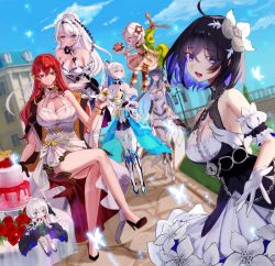 Rule 34 | :d, absurdres, ahoge, bare shoulders, black coat, black gloves, blue butterfly, blue eyes, blue hair, blue sky, bob cut, bouquet, breasts, bronya zaychik, bronya zaychik (herrscher of truth), bug, butterfly, cake, can, chair, cleavage, closed mouth, cloud, cloudy sky, coat, crossed legs, dress, drink can, elbow gloves, elf kiana, flower, food, full body, gloves, grey eyes, grey hair, hair flower, hair ornament, highres, himeko (honkai: star rail), holding, holding bouquet, holding can, homu (honkai impact), honkai: star rail, honkai (series), honkai impact 3rd, insect, jucie oz (user tntm4757), kiana kaslana, kiana kaslana (herrscher of finality), large breasts, long hair, open mouth, pink flower, ponytail, purple eyes, purple hair, raiden mei, raiden mei (herrscher of origin), red hair, seele vollerei, seele vollerei (stygian nymph), short hair, sitting, sky, smile, soda can, standing, theresa apocalypse, theresa apocalypse (twilight paladin), very long hair, white dress, white flower, white gloves, white hair, yellow eyes