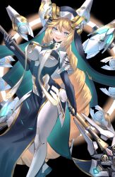 Rule 34 | 1girl, :d, armored bodysuit, black robe, blonde hair, blue eyes, braid, breasts, detached wings, goddess of victory: nikke, highres, holding, holding staff, holding weapon, large breasts, long hair, mechanical wings, open mouth, rapunzel (nikke), robe, rocket launcher, smile, solo, staff, type09 sachi, veil, very long hair, weapon, weapon behind back, wings
