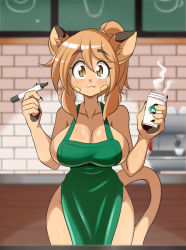 Rule 34 | 1girl, :3, absurdres, animal ears, apron, breasts, cat ears, cat tail, cleavage, coffee cup, cup, curvy, disposable cup, fang, furry, goya (lucyfer), green apron, hair ornament, highres, iced latte with breast milk (meme), indoors, large breasts, long hair, looking at viewer, lucyfer, meme, nail polish, original, pen, ponytail, sideboob, simple background, smile, solo, tail, wide hips