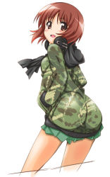 Rule 34 | 10s, 1girl, ass, bare legs, brown eyes, brown hair, camouflage, girls und panzer, hands in pockets, looking at viewer, mizuki makoto, nishizumi miho, open mouth, revision, short hair, simple background, skirt, smile, solo, white background