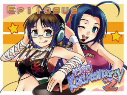 Rule 34 | 00s, 2girls, :q, ;d, ahoge, akizuki ritsuko, chan co, cool &amp; sexy (idolmaster), hand on headphones, idolmaster, idolmaster (classic), idolmaster 1, miura azusa, multiple girls, navel, one eye closed, open mouth, record, smile, star (symbol), tongue, tongue out, wink
