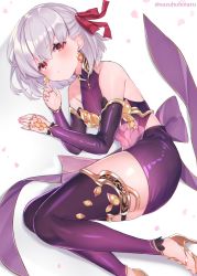 Rule 34 | 1girl, armlet, armor, bare shoulders, bikini armor, blush, bracelet, breasts, collar, detached sleeves, dress, earrings, fate/grand order, fate (series), floral print, hair ribbon, jewelry, kama (fate), kama (first ascension) (fate), legs, looking at viewer, lying, metal collar, miniskirt, on side, pelvic curtain, purple dress, purple skirt, purple sleeves, purple thighhighs, red eyes, ribbon, ring, sandals, short hair, silver hair, simple background, skirt, small breasts, solo, suzuho hotaru, thighhighs, thighlet, white background