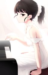 Rule 34 | 1girl, arm at side, backlighting, bare shoulders, blush, breasts, closed mouth, clothing cutout, curtains, dev (dev0614), dress, expressionless, feet out of frame, from side, hair ornament, hair scrunchie, highres, indoors, instrument, leaning forward, long hair, looking at viewer, looking to the side, music, original, piano, playing instrument, ponytail, scrunchie, shoulder cutout, signature, sitting, small breasts, solo, tsurime, white dress, white scrunchie
