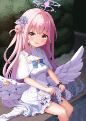 Rule 34 | 1girl, :d, angel wings, azel (laevateinn495), blue archive, blue bow, blue bowtie, blunt bangs, blurry, bow, bowtie, bush, capelet, clothes lift, depth of field, dress, dress lift, feathered wings, flower, frilled dress, frills, hair bun, hair flower, hair ornament, hair scrunchie, halo, highres, lifting own clothes, long hair, looking at viewer, mika (blue archive), mixed-language commentary, one side up, open mouth, outdoors, parted lips, pink hair, pool, poolside, school uniform, scrunchie, sidelocks, single side bun, sitting, smile, solo, white capelet, white dress, white wings, wings, wrist scrunchie, yellow eyes