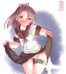 Rule 34 | 10s, 1girl, 2015, ayanami (kancolle), ayanami (kancolle) (cosplay), blush, brown hair, clothes lift, cosplay, dated, gradient background, hair ribbon, image sample, kanon (kurogane knights), kantai collection, long hair, looking at viewer, panties, pleated skirt, ribbon, school uniform, searchlight, skirt, skirt lift, solo, underwear, white panties, zuihou (kancolle)