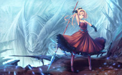 Rule 34 | 1girl, black gloves, blonde hair, blue eyes, clothes lift, dress, dress lift, elbow gloves, full body, gloves, hairband, highres, holding, holding polearm, holding spear, holding weapon, long hair, looking at viewer, original, polearm, ponytail, solo, spear, tenmaso, weapon