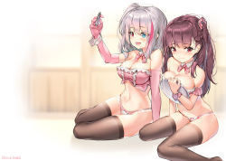 Rule 34 | 2girls, arm up, artist name, bare shoulders, blue eyes, blush, bow, bow panties, bra, braid, breasts, brown hair, brown legwear, cleavage, dduck kong, detached collar, elbow gloves, frilled panties, frills, girls&#039; frontline, gloves, gradient hair, hair ornament, hair scrunchie, heterochromia, highres, holding, large breasts, long hair, mdr (girls&#039; frontline), multicolored hair, multiple girls, one side up, open mouth, panties, pink bow, pink bra, pink gloves, pink hair, pink neckwear, pink panties, red eyes, scrunchie, silver hair, sitting, smile, thighhighs, tray, underwear, underwear only, wa2000 (girls&#039; frontline), white panties, wrist cuffs