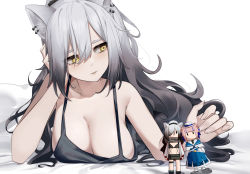 Rule 34 | 1girl, absurdres, animal ears, arknights, bare arms, bare shoulders, breasts, camisole, cat ears, ceylon (arknights), character doll, cleavage, commentary, grey hair, hair between eyes, hand up, highres, large breasts, long hair, lying, on stomach, schwarz (arknights), simple background, smile, solo, spaghetti strap, very long hair, wakamepiza, white background, yellow eyes