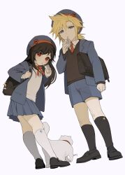 Rule 34 | 1boy, 1girl, absurdres, animal, bag, bandaid, bandaid on hand, black footwear, black hair, black socks, black sweater, blonde hair, blue eyes, blue jacket, blue shorts, blue skirt, bow, bowtie, carrying, carrying under arm, cat, child, chocobo, cloud, cloud strife, collared shirt, crescent moon, dolphin, drinking, drinking straw, drinking straw in mouth, duoj ji, final fantasy, final fantasy vii, final fantasy vii remake, full body, hat, highres, holding, jacket, long hair, long sleeves, looking at viewer, low ponytail, maru (ff7), milk carton, moon, necktie, pleated skirt, red bow, red bowtie, red eyes, red necktie, school bag, school uniform, shirt, shoes, shorts, simple background, skirt, socks, spiked hair, square enix, standing, sweater, swept bangs, tifa lockhart, twitter username, white cat, white socks, white sweater