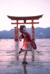 Rule 34 | 1girl, blurry, blurry background, brown hair, closed mouth, cosplay photo, detached sleeves, dress, facial mark, floating hair, fox mask, full body, gradient hair, highres, hiroshima, honkai: star rail, honkai (series), itsukushima shrine, kendama, long hair, looking at viewer, mask, mask on head, multicolored hair, outdoors, photo (medium), red dress, red hair, sandals, short dress, solo, sparkle (honkai: star rail), standing, standing on one leg, thigh strap, torii, twintails, wading, x iaohaaaaa
