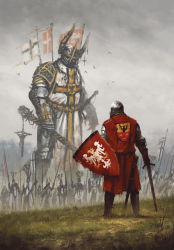 Rule 34 | absurdres, armor, army, banner, bird, commentary, cross, crucifix, eagle, fake horns, field, full armor, giant, grey sky, helmet, highres, historical event, horned helmet, horns, jakub rozalski, jewelry, knight, manly, medieval, multiple boys, necklace, original, painting (action), pike (weapon), poland, polearm, polish text, scabbard, sheath, shield, sky, surreal, sword, teutonic knights, war, weapon