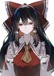 Rule 34 | 1girl, absurdres, ascot, bare shoulders, black hair, blurry, blurry background, bow, closed mouth, clynxen, detached sleeves, frilled bow, frilled shirt collar, frills, hair between eyes, hair bow, hair tubes, hakurei reimu, highres, japanese clothes, long hair, looking at viewer, nontraditional miko, red bow, red eyes, red ribbon, ribbon, ribbon-trimmed sleeves, ribbon trim, sidelocks, simple background, solo, straight-on, touhou, upper body, white background, white sleeves, yellow ascot