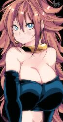 Rule 34 | 1girl, android, android 21, arc system works, bandeau, bare shoulders, black background, blue eyes, blush, breasts, brown hair, cleavage, closed mouth, collarbone, dragon ball, dragon ball fighterz, ear piercing, earrings, elbow gloves, female focus, gloves, gold earrings, hair between eyes, highres, huge breasts, kinakomochi (user vedc2333), light blush, long hair, looking at viewer, midriff, piercing, signature, simple background, solo, sweatdrop, very long hair