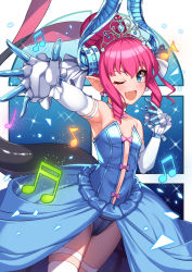 Rule 34 | 1girl, ;d, arm up, armpits, bare shoulders, beamed eighth notes, beamed sixteenth notes, blue eyes, blue leotard, blush, center opening, collarbone, commentary request, cowboy shot, curled horns, earrings, eighth note, elbow gloves, elizabeth bathory (cinderella rider) (fate), elizabeth bathory (fate), fang, fate/grand order, fate (series), flat chest, gloves, groin, hair bun, highres, horns, jewelry, kouzuki tsubasa (musou kaidou), leotard, long hair, looking at viewer, musical note, navel, one eye closed, open mouth, outstretched arm, pink hair, pointy ears, quarter note, ringlets, sidelocks, single hair bun, smile, solo, strapless, strapless leotard, thigh strap, thighhighs, tiara, waist cape, white gloves, white thighhighs