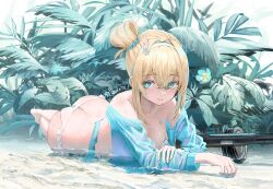 1girl ass bikini blonde_hair blue_eyes blue_jacket butt_crack character_name ezzi frilled_bikini frills girls&#039;_frontline girls&#039;_frontline_2:_exilium gun hair_bun hair_ornament hairband highres jacket looking_at_viewer lying official_alternate_costume one_side_up partially_submerged single_side_bun smile snowflake_hair_ornament submachine_gun suomi_(girls&#039;_frontline) suomi_kp/-31 swimsuit weapon white_bikini