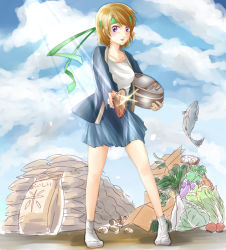 Rule 34 | 1girl, artist name, artist request, bag, bare legs, blue jacket, blue skirt, blue sky, blush, breasts, brown hair, cloud, collarbone, day, female focus, fish, food, full body, green headband, hair between eyes, headband, holding, jacket, koizumi hanayo, looking at viewer, love live!, love live! school idol project, medium breasts, miniskirt, open clothes, open jacket, outdoors, parted lips, plaid, plaid skirt, pleated, pleated skirt, purple eyes, shirt, short hair, skirt, sky, small breasts, smile, socks, solo, standing, sunlight, white shirt