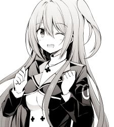 Rule 34 | 1girl, bad id, bad twitter id, black jacket, blush, breasts, commentary, game club project, greyscale, highres, hyurasan, jacket, jewelry, large breasts, long hair, long sleeves, looking at viewer, monochrome, necklace, one eye closed, one side up, open mouth, school uniform, shirt, smile, upper body, virtual youtuber, white background, white shirt, yumesaki kaede (game club project)