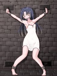 Rule 34 | 1girl, armpits, arms up, ball gag, bare shoulders, barefoot, bdsm, black hair, blush, bondage, bound, breasts, chain, chemise, cleavage, clenched hands, closed eyes, collarbone, cuffs, drooling, dungeon, embarrassed, female focus, full body, gag, gagged, hair intakes, highres, indoors, long hair, navel, nipples, no bra, open mouth, original, panties, peeing, peeing self, pigeon-toed, saliva, see-through, shackles, shiny skin, side-tie panties, small breasts, solo, spaghetti strap, standing, tawasiupa, tears, teeth, underwear, wet, wet clothes, wet panties, white panties