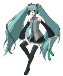 Rule 34 | blush, detached sleeves, green eyes, green hair, hatsune miku, ind, long hair, lowres, necktie, skirt, solo, spring onion, thighhighs, twintails, vocaloid, zettai ryouiki