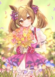 Rule 34 | 1girl, animal ears, artist name, bloomers, blue flower, blurry, blurry background, bouquet, brown eyes, brown hair, closed mouth, collared shirt, commentary, cowboy shot, day, depth of field, dress, flower, frilled cuffs, hair ribbon, harunohotaru, highres, holding, holding bouquet, horse ears, horse girl, horse tail, light particles, looking at viewer, medium hair, orange flower, outdoors, petals, pink dress, pink flower, puffy short sleeves, puffy sleeves, purple ribbon, ribbon, shirt, short sleeves, signature, smart falcon (umamusume), smile, solo, sparkle, standing, tail, twintails, umamusume, underwear, white bloomers, yellow flower