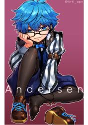 Rule 34 | 10s, 1boy, black pantyhose, blue eyes, blue hair, boots, bow, bowtie, fate/extra, fate/extra ccc, fate/grand order, fate (series), full body, glasses, hans christian andersen (fate), headphones, kiritachi, male focus, pantyhose, shoes, single boot, single shoe, smile, solo, twitter username, vest