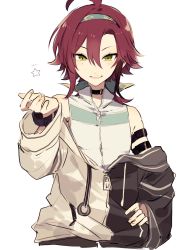 Rule 34 | 1boy, black choker, black jacket, choker, finger heart, genshin impact, green eyes, highres, jacket, long sleeves, looking at viewer, male focus, mole, mole under eye, multicolored clothes, multicolored jacket, multiple moles, partially undressed, puffy long sleeves, puffy sleeves, red hair, ryu genshin77, shikanoin heizou, simple background, smile, solo, two-tone jacket, upper body, vest, white background, white jacket, white vest
