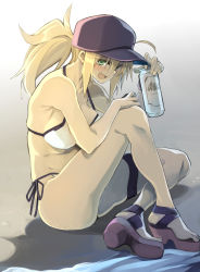 Rule 34 | 10mo, 1girl, ahoge, artoria pendragon (fate), bare shoulders, baseball cap, beer can, blonde hair, blue eyes, blue hat, blush, breasts, can, drink can, fate/grand order, fate (series), hair between eyes, hair through headwear, hat, highres, knee up, large breasts, long hair, looking at viewer, mysterious heroine x (fate), mysterious heroine xx (fate), open mouth, ponytail, sandals, sidelocks, sitting, smile, solo