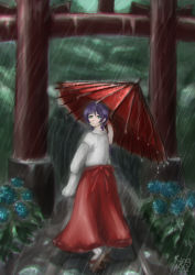 Rule 34 | 1girl, absurdres, alternate hairstyle, aqua eyes, artist name, artist request, blush, bow, breasts, brown footwear, cleavage, cloud, collarbone, female focus, from behind, full body, green eyes, hair ornament, hair ribbon, hair scrunchie, hakama, hakama skirt, highres, holding, holding umbrella, japanese clothes, kimono, long hair, long twintails, looking at viewer, looking back, love live!, love live! school idol festival, love live! school idol project, low twintails, miko, outdoors, parted lips, platform footwear, ponytail, purple hair, rain, red bow, red hakama, red ribbon, red umbrella, ribbon, sandals, scrunchie, skirt, sky, smile, socks, solo, tojo nozomi, twintails, umbrella, white kimono, wide sleeves