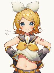 Rule 34 | 1girl, :t, asymmetrical bangs, bare shoulders, belt, black sailor collar, black shorts, blonde hair, blue eyes, blush, bow, closed mouth, crop top, detached sleeves, dot nose, hair bow, hair ornament, hairclip, hands on own hips, headphones, highres, kagamine rin, looking at viewer, medium hair, midriff, multicolored belt, nail polish, navel, neckerchief, number tattoo, orange belt, puff of air, sailor collar, sazanami (ripple1996), shirt, shorts, shoulder tattoo, sidelocks, simple background, solo, straight hair, tattoo, treble clef, upper body, vocaloid, white background, white bow, white shirt, yellow belt, yellow nails, yellow neckerchief