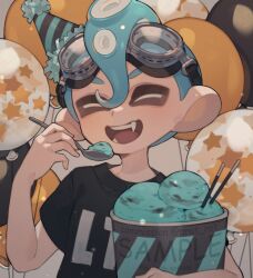Rule 34 | 1boy, balloon, birthday, black shirt, blue hair, child, closed eyes, commentary, commission, eating, english commentary, english text, food, goggles, goggles on head, highres, ice cream, male focus, mint chocolate, nintendo, octoling, octoling boy, octoling player character, prat rat, sample watermark, shirt, short hair, solo, splatoon (series), teeth, watermark