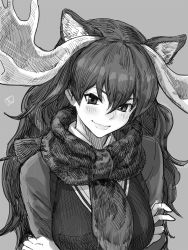 Rule 34 | 10s, 1girl, antlers, crossed arms, grey background, greyscale, hair between eyes, head tilt, highres, horns, kemono friends, monochrome, moose (kemono friends), scarf, shiba itsuki, signature, simple background, smile