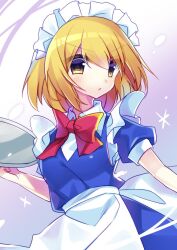 Rule 34 | 1girl, blonde hair, blue dress, bow, bowtie, cowboy shot, dress, frills, kujou mikuru, looking at viewer, maid headdress, medium hair, mugetsu (touhou), puffy short sleeves, puffy sleeves, red bow, red bowtie, short sleeves, solo, touhou, touhou (pc-98), upper body, white headdress, yellow eyes