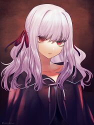Rule 34 | 1girl, bags under eyes, black cloak, cloak, closed mouth, collarbone, commentary, dated, expressionless, fucodoku, gore screaming show, gradient hair, hair ribbon, highres, lips, long hair, looking at viewer, multicolored hair, purple hair, red background, red eyes, red ribbon, ribbon, sanpaku, sidelocks, solo, twitter username, two side up, upper body, upturned eyes, wavy hair, white hair, yuka (gore screaming show)