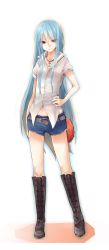 Rule 34 | 1girl, alternate costume, belt, blouse, blue hair, boots, contemporary, cross-laced footwear, female focus, food, fruit, full body, gradient hair, hand on own hip, heart, highres, hinanawi tenshi, hip focus, jewelry, long hair, midriff, multicolored hair, navel, necklace, necktie, no headwear, peach, pendant, red eyes, shirt, short shorts, short sleeves, shorts, simple background, solo, touhou, very long hair, yuya (night lily)