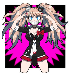 Rule 34 | 1girl, arms up, black bra, black shirt, blue eyes, border, bow, bra, breasts, choker, cleavage, collarbone, commentary request, danganronpa: trigger happy havoc, danganronpa (series), enoshima junko, evil grin, evil smile, floating hair, furukawa (yomawari), grin, hair ornament, highres, long hair, looking at viewer, miniskirt, nail polish, necktie, pink background, pleated skirt, red bow, red nails, shirt, skirt, sleeves rolled up, smile, solo, twintails, underwear, v, white border, white necktie