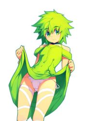 Rule 34 | 1girl, bare shoulders, clothes lift, crotch seam, dress, dress lift, gluteal fold, green dress, green eyes, green hair, lifted by self, looking at viewer, matching hair/eyes, metata, original, panties, rijene (metata), short hair, side-tie panties, simple background, smile, solo, underwear, white background