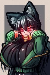 Rule 34 | 1girl, absurdres, ahoge, among us, animal ears, black hair, blush, breasts, collar, floofsmear, fox ears, fox girl, fox tail, glowing, glowing eyes, hair between eyes, hand up, highres, huge breasts, jacket, long hair, long sleeves, looking at viewer, open clothes, open jacket, original, pale skin, red collar, red eyes, resolution mismatch, self-upload, simple background, smile, solo, source smaller, tail