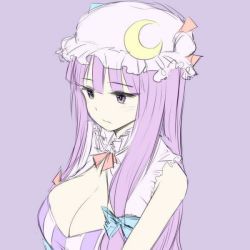 Rule 34 | 1girl, bare arms, breasts, cleavage, crescent, expressionless, eyelashes, facing away, hair ribbon, hat, hat ribbon, long hair, mob cap, patchouli knowledge, purple background, purple eyes, purple hair, ribbon, sidelocks, simple background, sketch, solo, touhou, upper body, very long hair, zaxwu