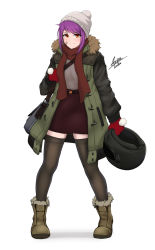 Rule 34 | 1girl, airisubaka, artist name, bandage on face, bandages, belt, black thighhighs, blush, boots, brown eyes, brown footwear, closed mouth, coat, full body, fur-trimmed jacket, fur trim, hat, helmet, highres, holding, holding helmet, jacket, leah (airisubaka), looking at viewer, mittens, original, purple hair, red scarf, red skirt, scarf, short hair, signature, simple background, skirt, smile, solo, thighhighs, white background, white hat