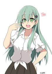 Rule 34 | 1girl, blouse, blush, brown skirt, buttons, collarbone, green eyes, green hair, hair between eyes, hair ornament, hairclip, heart, hinase (jet hearts), kantai collection, long hair, long sleeves, one-hour drawing challenge, open mouth, pleated skirt, shirt, simple background, skirt, sleeves rolled up, smile, solo, suzuya (kancolle), teeth, twitter username, upper teeth only, v, white background, white shirt