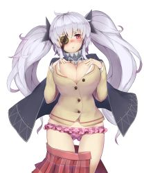 Rule 34 | 10s, 1girl, blush, breasts, checkered clothes, checkered panties, cleavage, clothes pull, eyepatch, ginko (nico), huge breasts, long hair, panties, pink panties, red eyes, scarf, senran kagura, silver hair, simple background, skirt, skirt pull, solo, twintails, underwear, white background, yagyu (senran kagura)